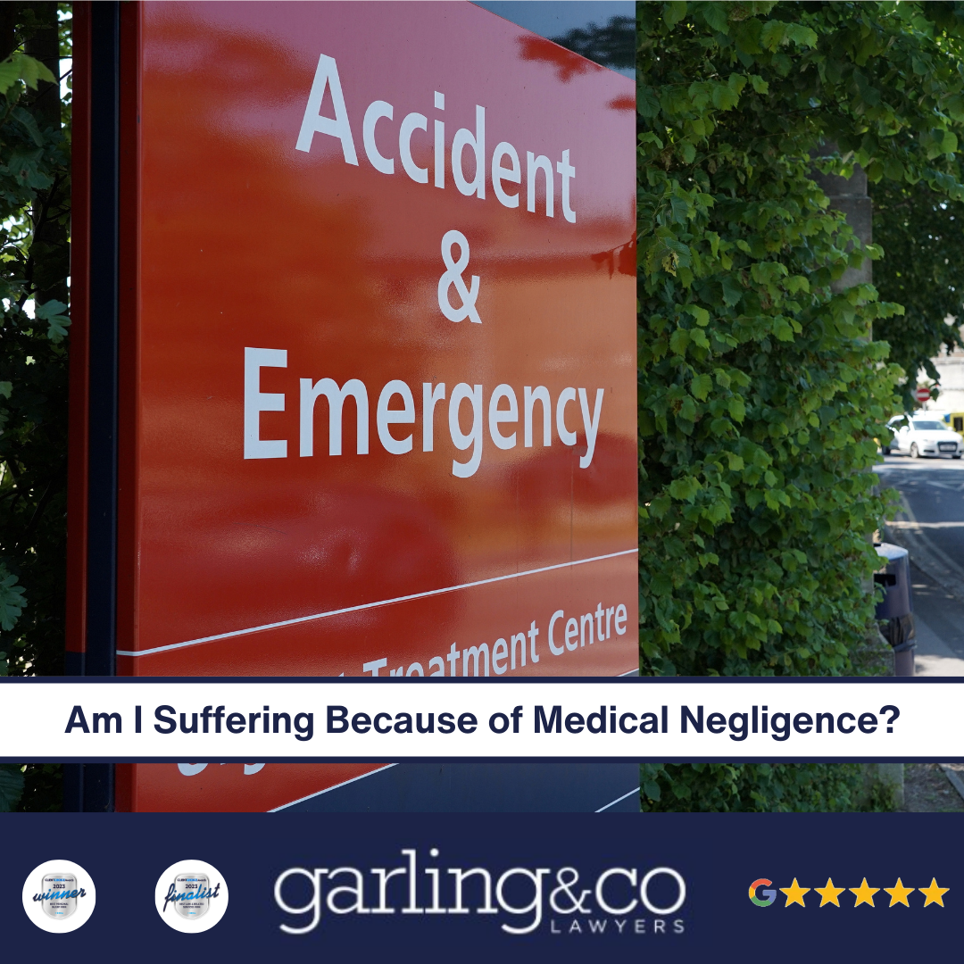 An accident and emergency sign with the caption 'Am I suffering because of medical negligence?'