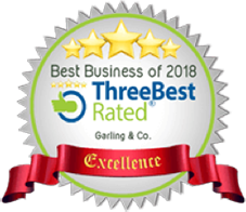 A badge with the words best business of 2018 three best rated.
