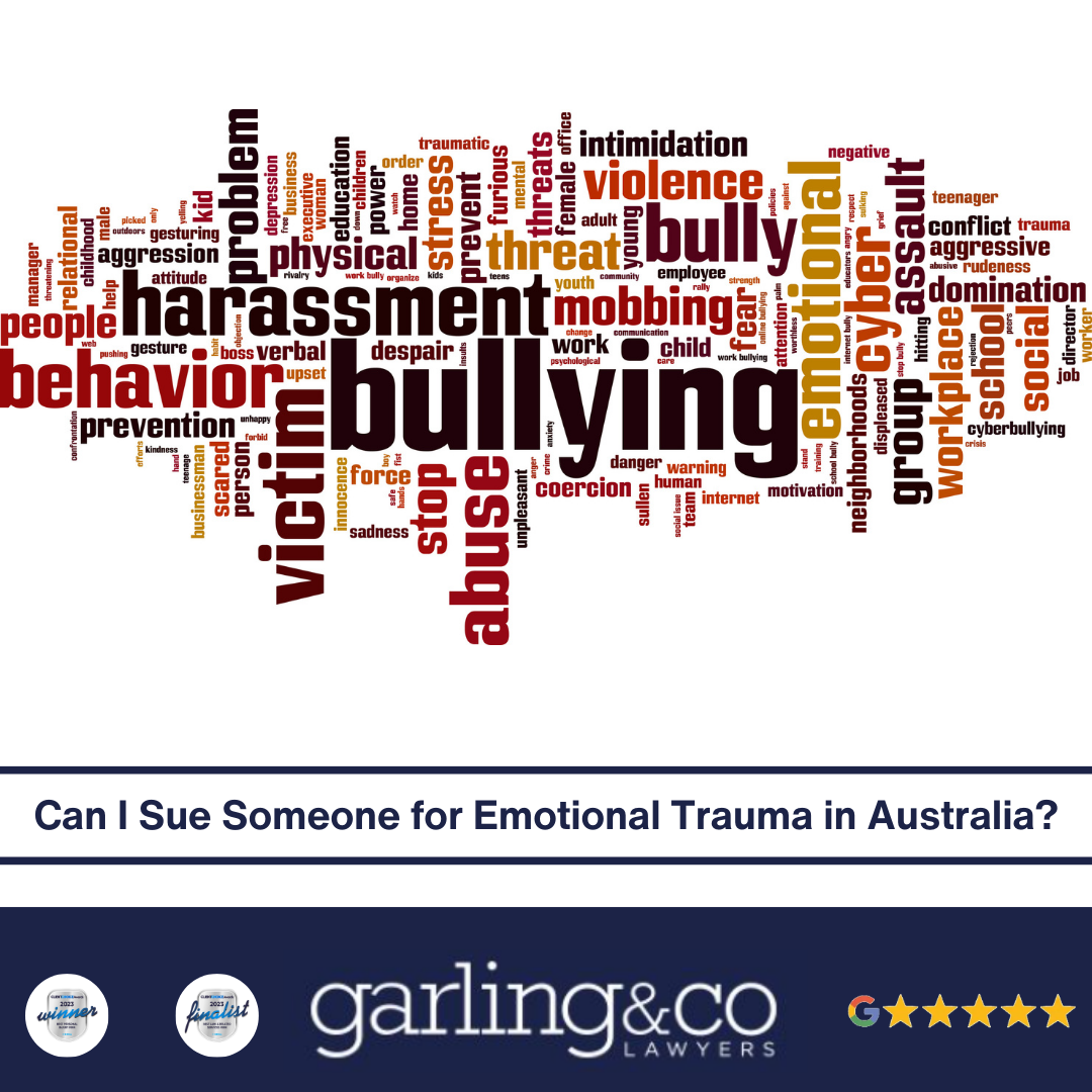 A group of words linked to offensive behavior with the caption “Can I Sue Someone for Emotional Trauma in Australia”