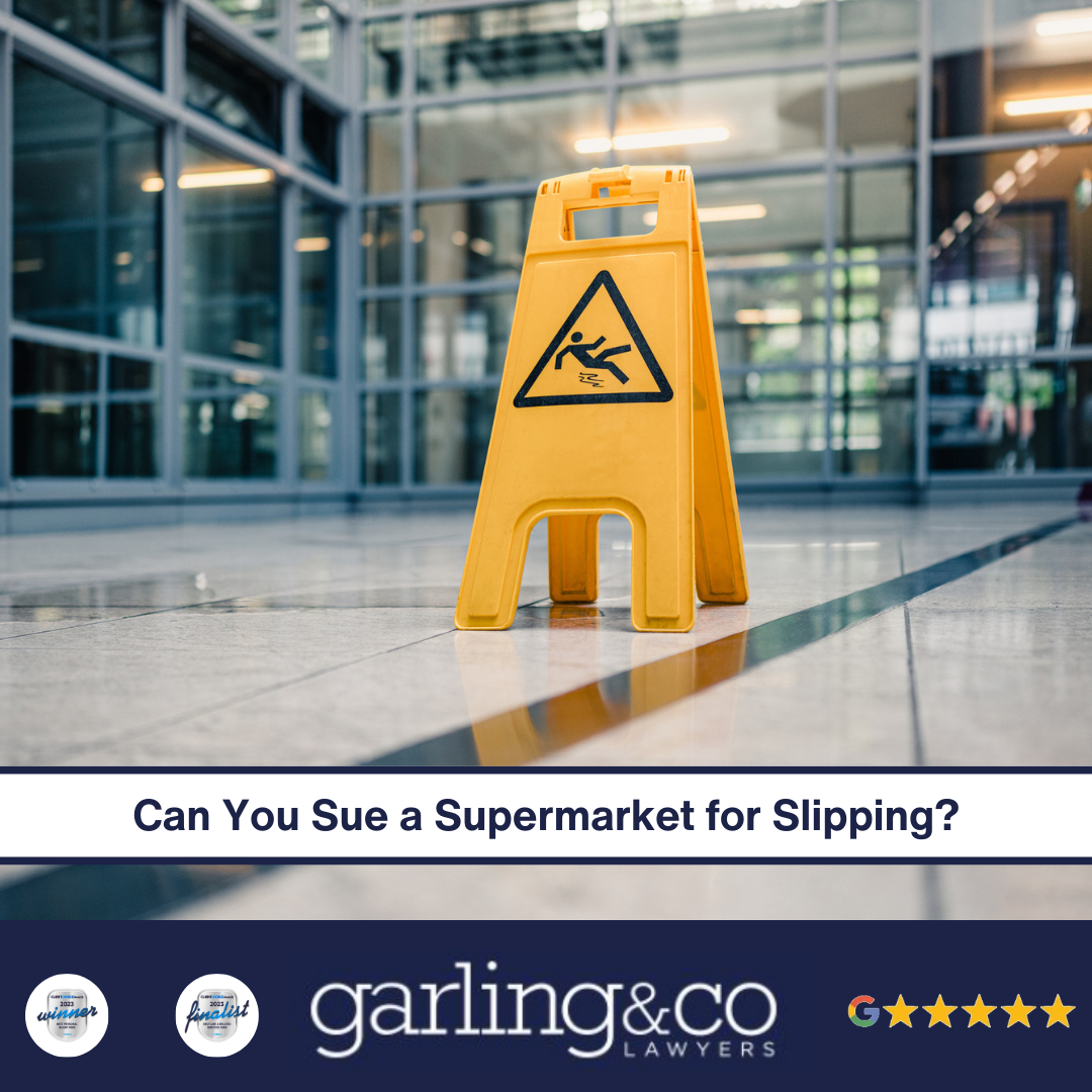 A yellow caution sign for slippery floor with the caption “Can You Sue a Supermarket for Slipping”