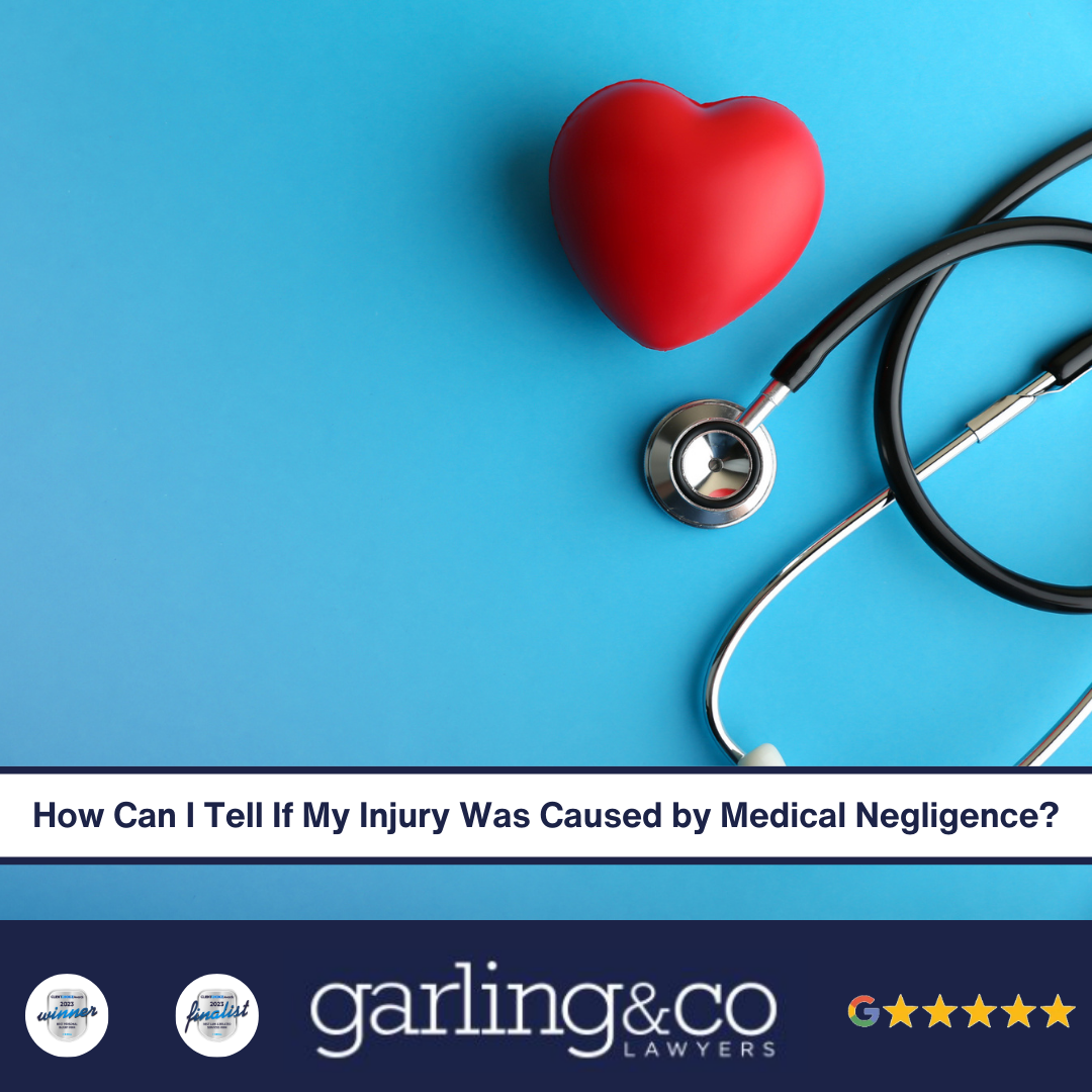 A red heart next to a stethoscope on a blue background with the caption “How Can I Tell If My Injury Was Caused by Medical Negligence”