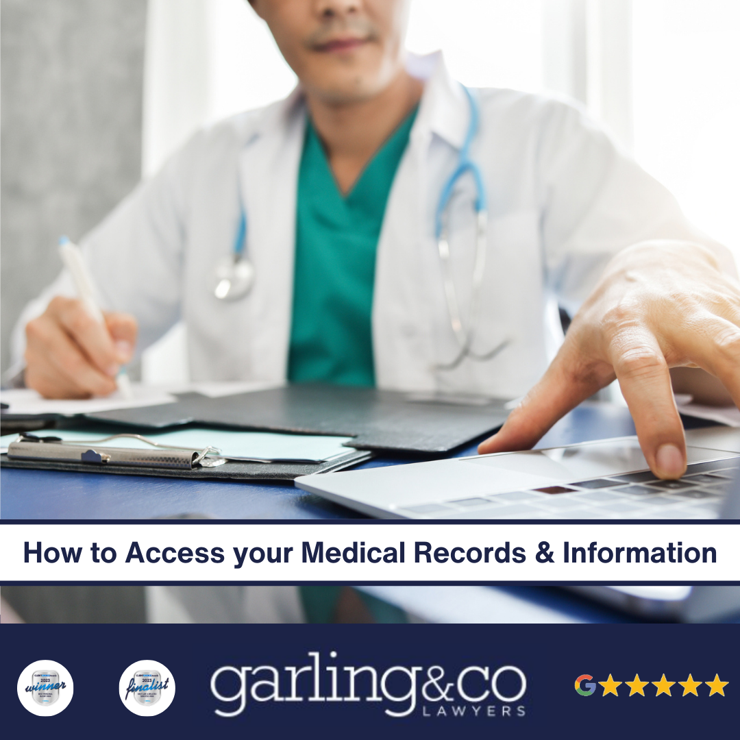 A doctor with one hand on a computer and the other holding a pen writing down something on a paper with a clipboard with the caption “How to Access your Medical Records & Information”