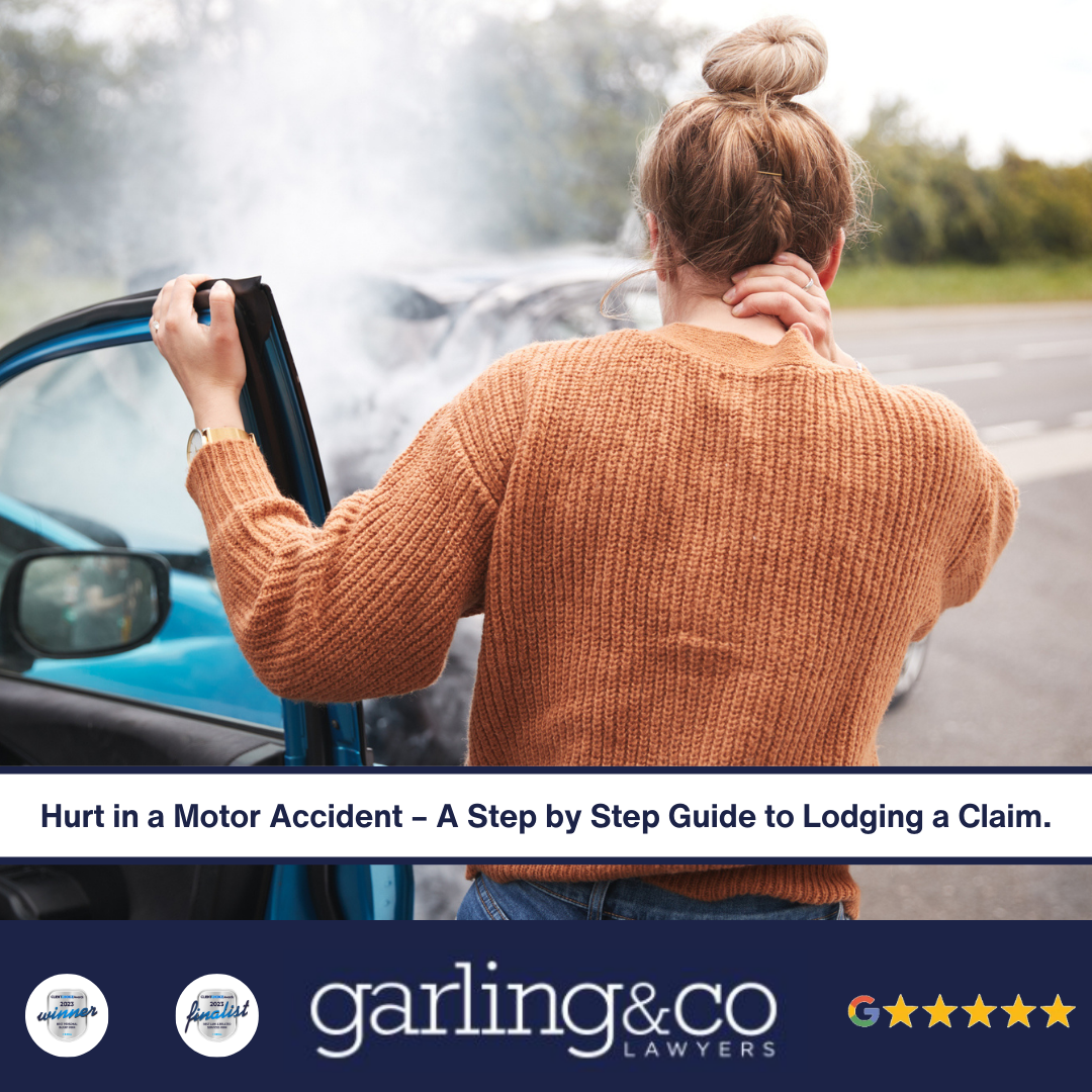 A woman is getting out of a car after a motor accident with the caption 'Hurt in a Motor Accident – A Step by Step Guide to Lodging a Claim.'