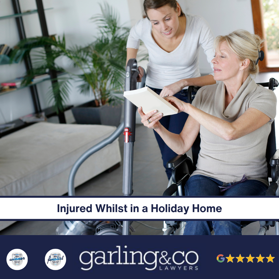 A woman vacuuming in a house finding something on a page for a lady in a wheelchair with the caption “Injured Whilst in a Holiday Home”