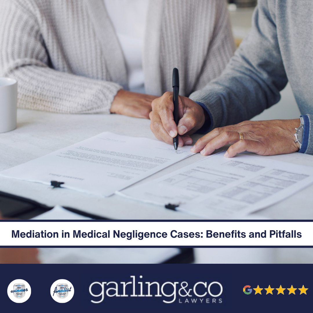 A woman and man with the man holding a pen signing a piece of paper watched by another man with three tea cups on the table and the caption “Mediation in Medical Negligence Cases_ Benefits and Pitfalls”