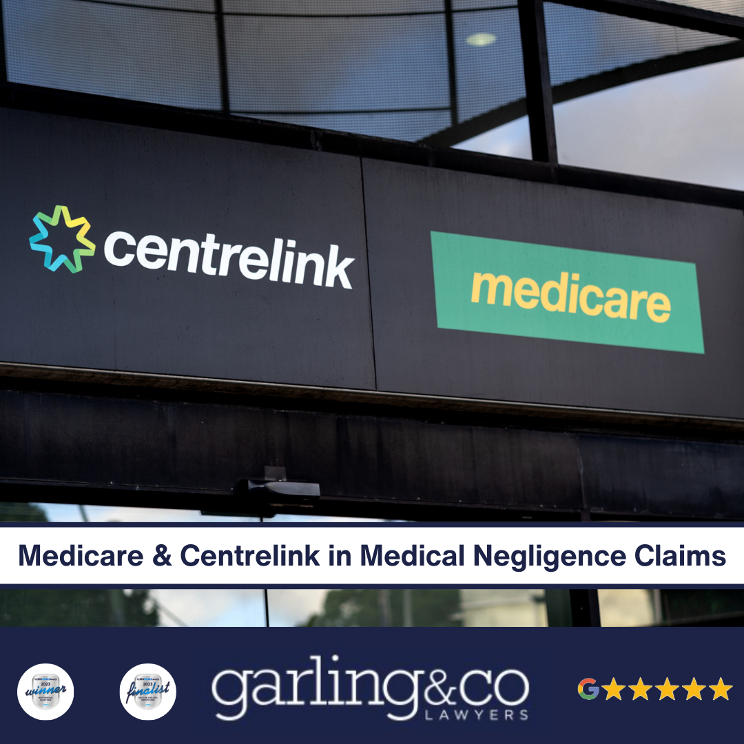 A photo outside of a centrelink and medicare office with both logos outside the building being the main focus of the photo with the caption “Medicare & Centrelink in Medical Negligence Claims”