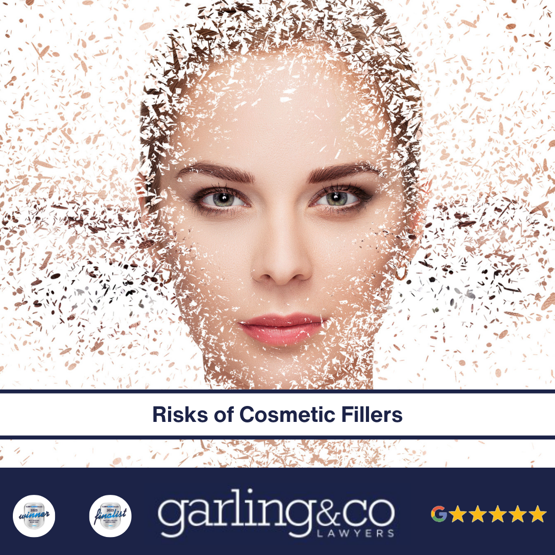 A women looking directly into the camera with a white background and a plethora of particles falling off of her face with the caption “Risks of Cosmetic Fillers”