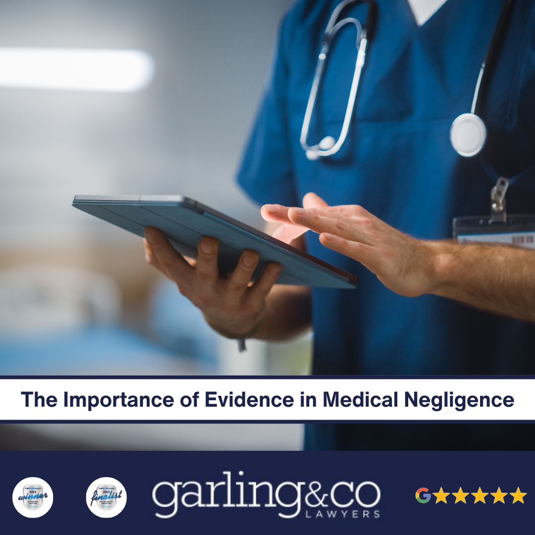 A doctor in a blue uniform holding an ipad and typing something down with the caption “The Importance of Evidence in Medical Negligence”