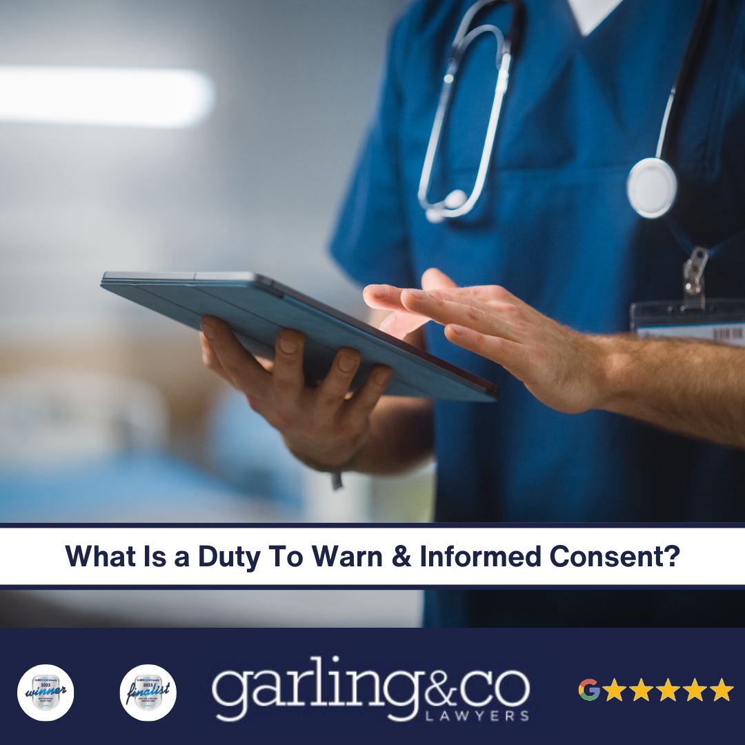 A doctor in a blue uniform holding an ipad and typing something down with the caption “What Is a Duty To Warn & Informed Consent”