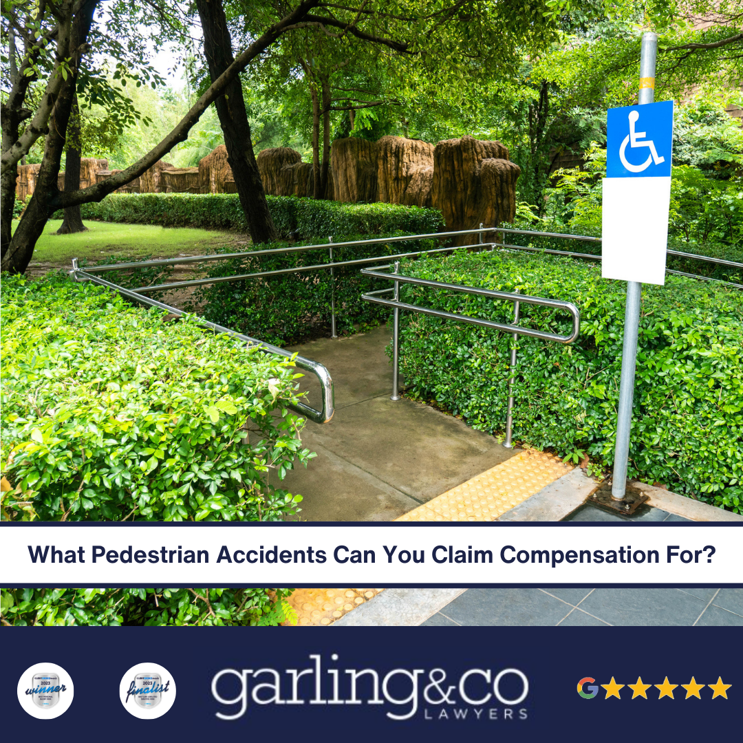 A blue disability sign next to a ramp and railing surrounded by greenery with the caption “What Pedestrian Accidents Can You Claim Compensation For”
