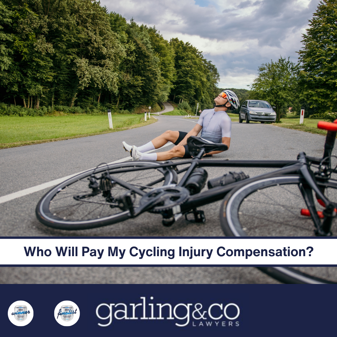 A man on a road behind his fallen bicycle grabbing his left leg in pain with the caption “Who Will Pay My Cycling Injury Compensation”