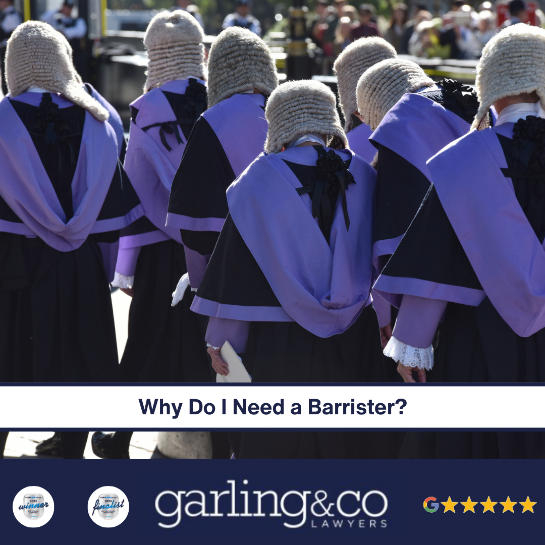 A group of barristers in black and purple clothing walking with the caption “Why Do I Need a Barrister”