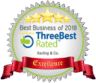 A badge with the words best business of 2018 three best rated.
