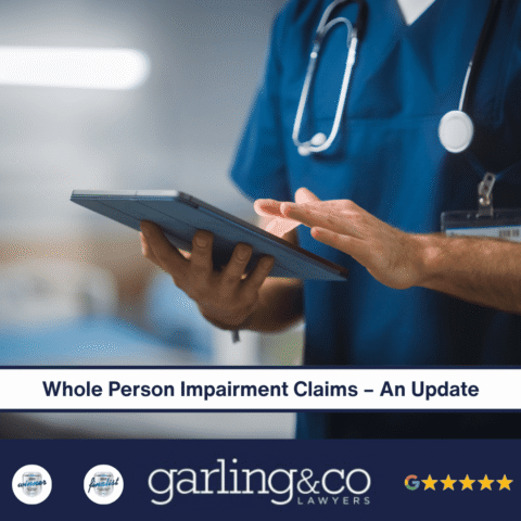 A doctor in a blue uniform holding an ipad and typing something down with the caption “Whole Person Impairment Claims – An Update”