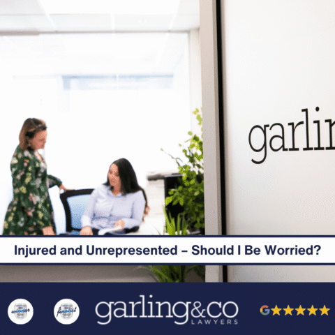 Two women at a desk having a conversation with the caption 'Injured and unrepresented should I be worried?'